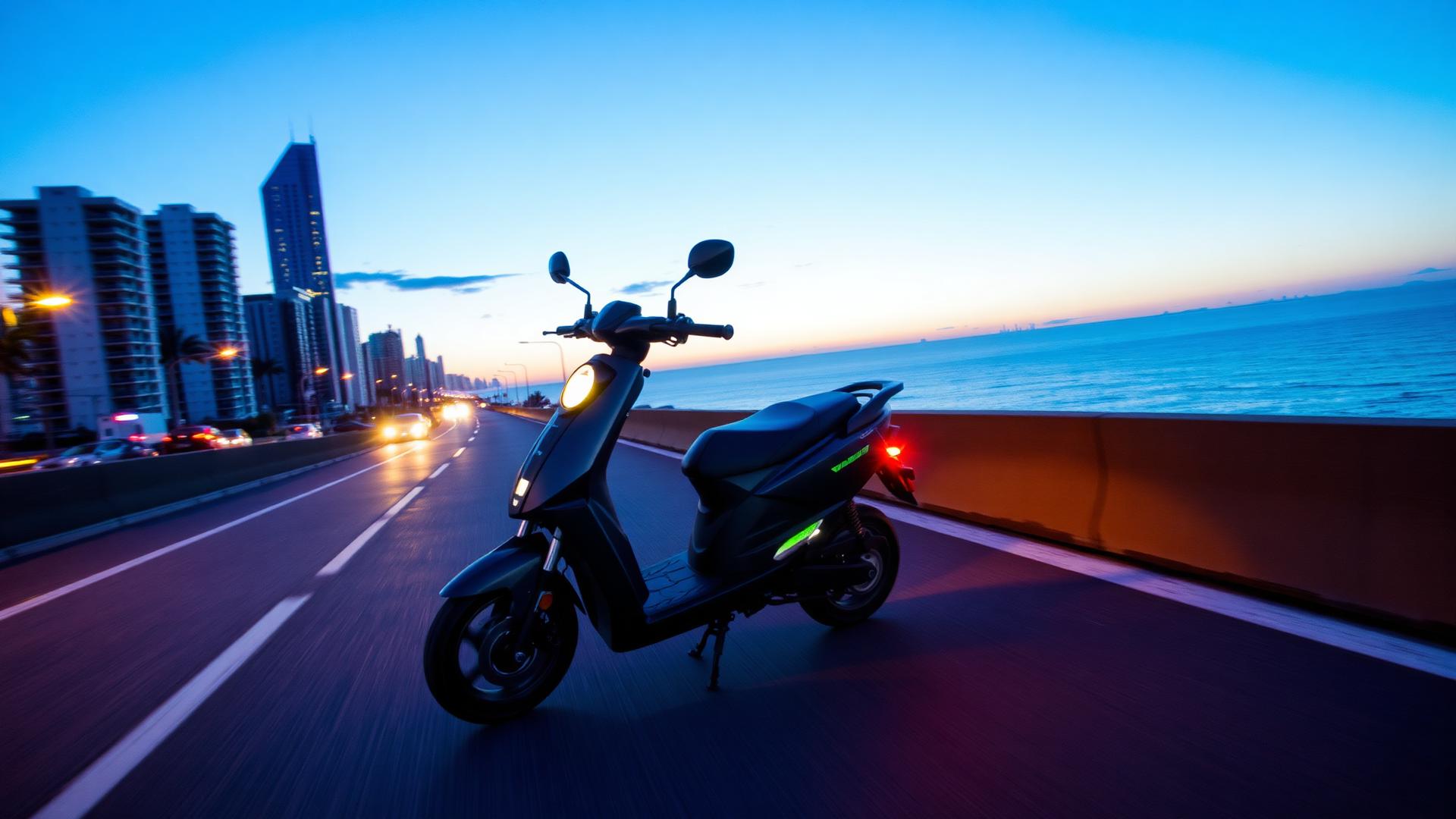 Scooter elétrica em avenida costeira